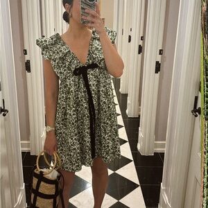 Floral Green Dress with Black Bow